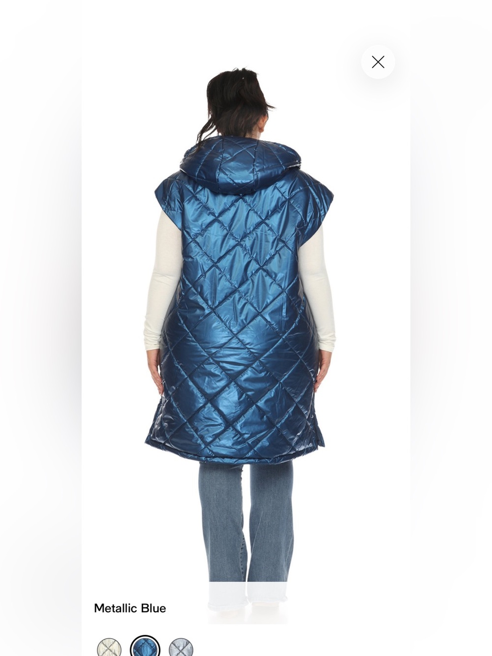 White Mark Metallic Quilted Hooded Long Puffer Vest - Blue - Picture 2 of 3